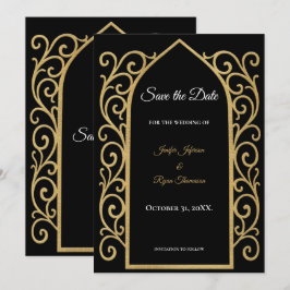 Ornate border black and gold wedding save the date ankündigung
