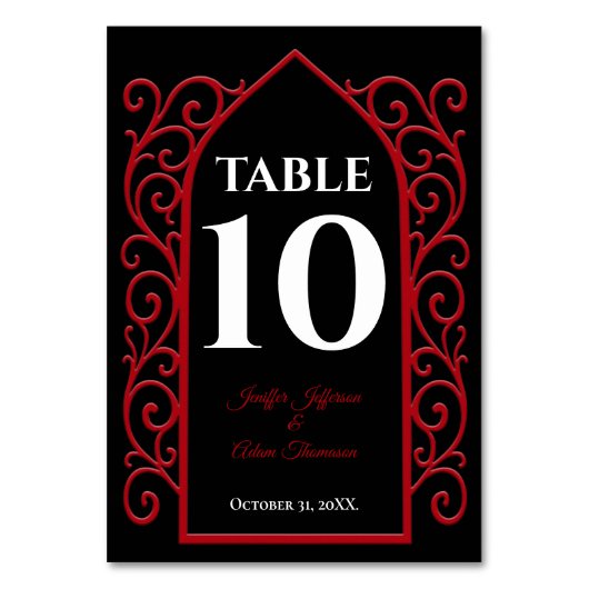 Ornate border black and red Gothic Wedding Tischnummer (Vorderseite)