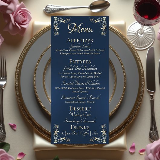 Ornate Border & Heart Monogram - Blau Menükarte