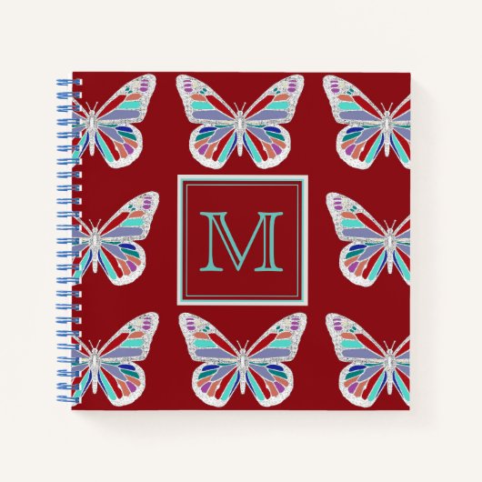 Ornate Butterflies Burgundy Pattern Monogram Notizblock (Vorderseite)