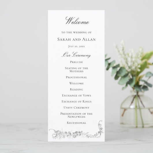Ornate Classic French Rose Border Wedding Programm (Stehend Vorderseite)