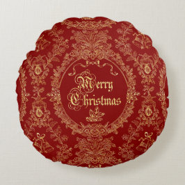 Ornate Classic Vintage Red Gold Merry Christmas  Rundes Kissen
