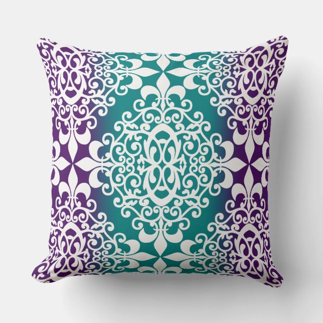 Ornate Damask Purple und Teal Ombre Kissen (Vorderseite)