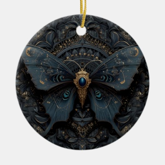 Ornate Dark Blue Butterfly with Gold Filigree  Keramik Ornament (Vorne)