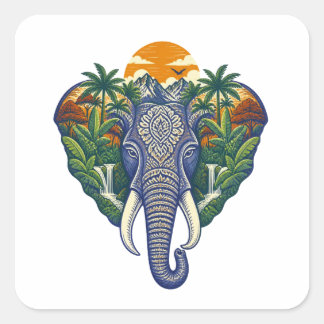Ornate Elefanten-Dschungel-Kunst – Tropische Wildl Quadratischer Aufkleber