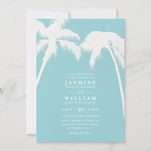 Ornate Embossed Tropical Palm QR Code Wedding Einladung (Vorderseite)
