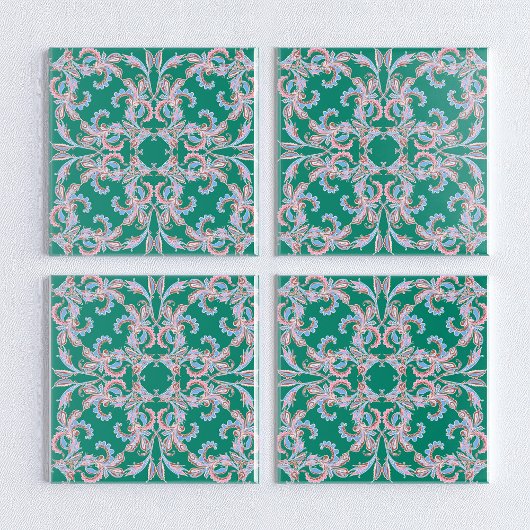 Ornate Floral Filigree Tile in Emerald Green Fliese
