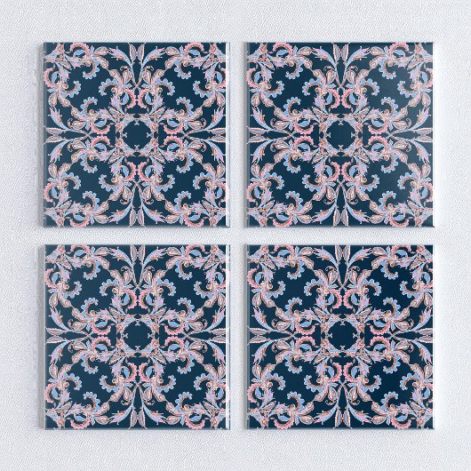 Ornate Floral Filigree Tile in Midnight Blue Fliese