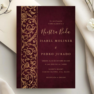 Ornate Floral Gold Burgundy Nuestra Boda Hochzeit Einladung