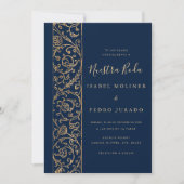 Ornate Floral Gold Navy Nuestra Boda Wedding Einladung (Vorderseite)
