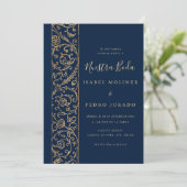 Ornate Floral Gold Navy Nuestra Boda Wedding Einladung (Stehend Vorderseite)