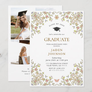 Ornate Floral Grace Boho 4 Photo Graduation Party Einladung
