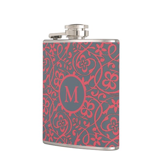 Ornate Floral Pattern in Pink and Grey Monogram Flachmann (Links)