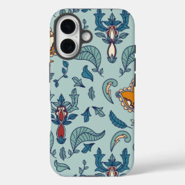 Ornate floral pattern on a pale blue background iPhone 16 hülle