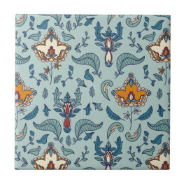 Ornate floral pattern on a pale blue background fliese