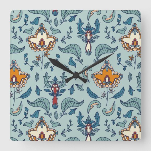 Ornate floral pattern on a pale blue background quadratische wanduhr (Vorderseite)