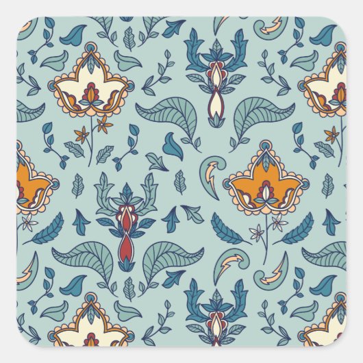 Ornate floral pattern on a pale blue background quadratischer aufkleber (Vorderseite)