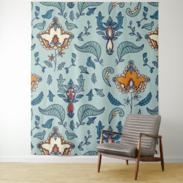Ornate floral pattern on a pale blue background wandteppich