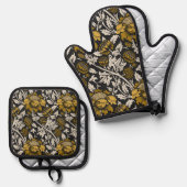 Ornate floral pattern with large gold flowers  ofenhandschuh & Topflappen-Set (Vorderseite/Rückseite)