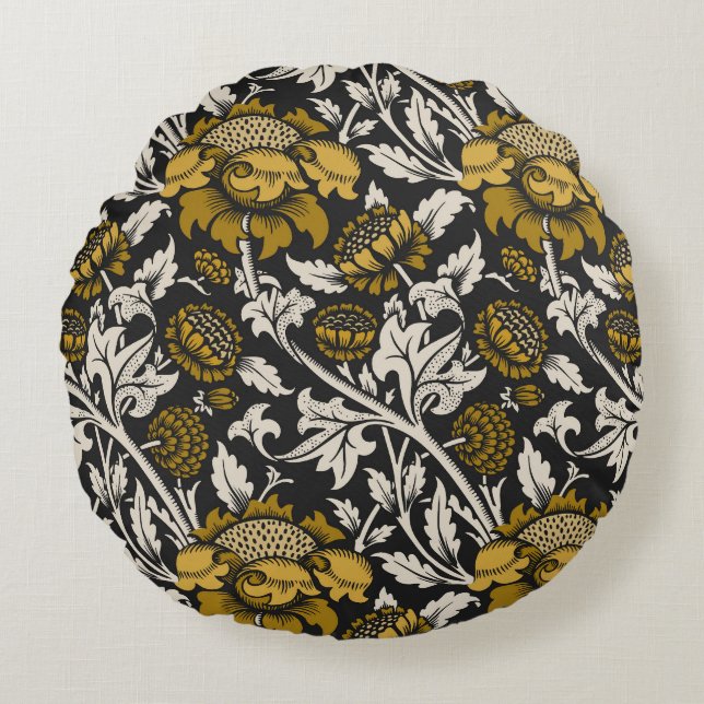 Ornate floral pattern with large gold flowers  rundes kissen (Vorderseite)