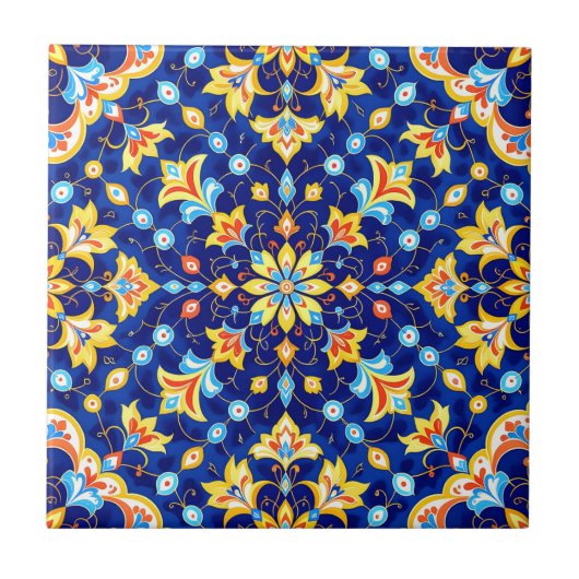 Ornate Floral Vibrant Blue Gold Mediterranean Fliese (Vorderseite)
