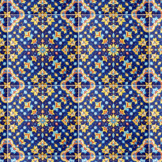 Ornate Floral Vibrant Blue Gold Mediterranean Fliese