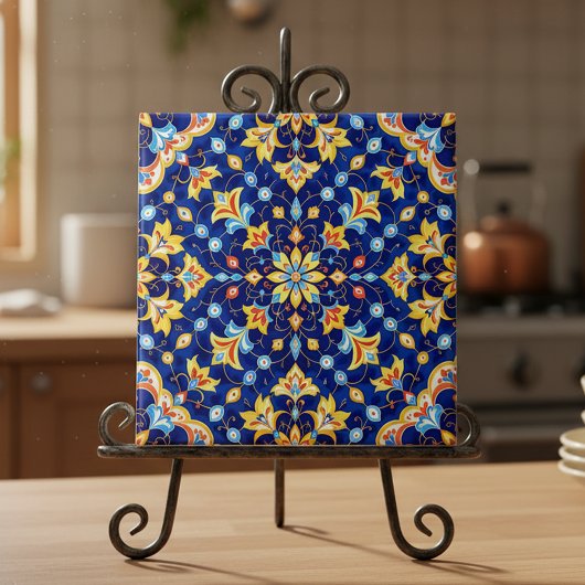 Ornate Floral Vibrant Blue Gold Mediterranean Fliese