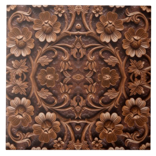 Ornate Floral Wood-Carved Mandala Pattern Fliese (Vorderseite)