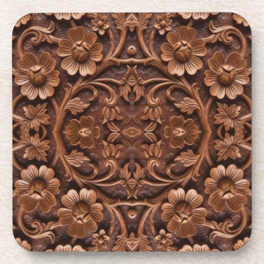 Ornate Floral Wood-Carved Mandala Pattern Getränkeuntersetzer (Vorderseite)