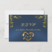 Ornate Frame & Heart - Blue/Gold RSVP Karte (Vorderseite)