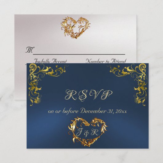 Ornate Frame & Heart - Blue/Gold RSVP Karte (Vorne/Hinten)