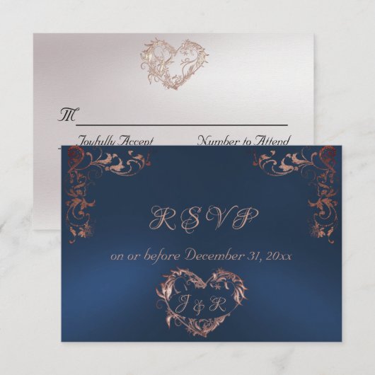 Ornate Frame & Heart - Blue/Rose Gold RSVP Karte (Vorne/Hinten)