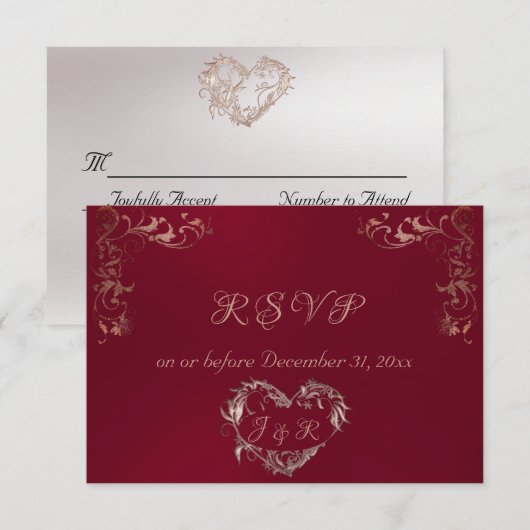 Ornate Frame & Heart - Burgundy/Rose Gold RSVP Karte (Vorne/Hinten)