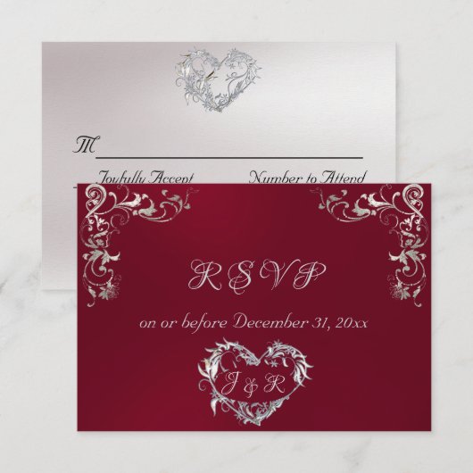 Ornate Frame & Heart - Burgundy/Silver RSVP Karte (Vorne/Hinten)