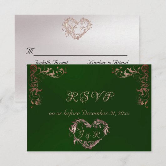 Ornate Frame & Heart - Emerald/Rose Gold RSVP Karte (Vorne/Hinten)