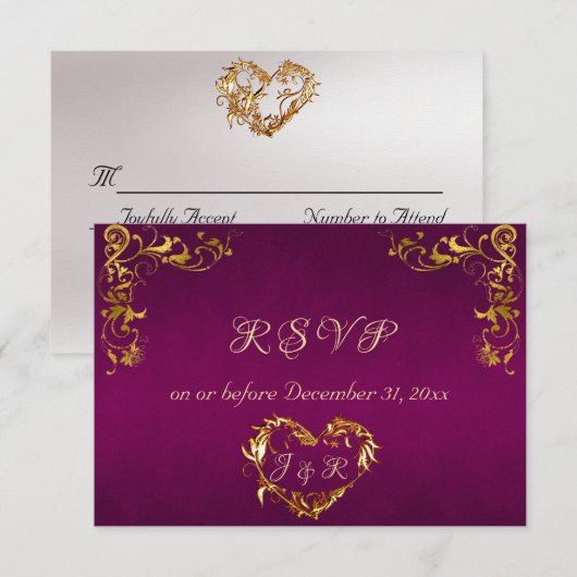 Ornate Frame & Heart - Purple/Gold RSVP Karte (Vorne/Hinten)