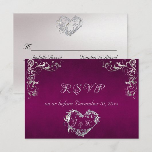 Ornate Frame & Heart - Purple/Silver RSVP Karte (Vorne/Hinten)