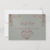 Ornate Frame & Heart - Sage/Rose Gold RSVP Karte (Vorderseite)