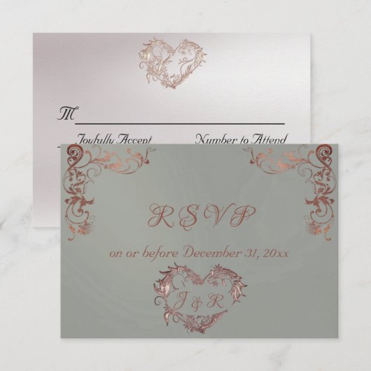 Ornate Frame & Heart - Sage/Rose Gold RSVP Karte (Vorne/Hinten)