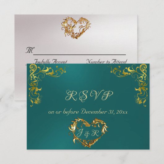 Ornate Frame & Heart - Teal/Gold RSVP Karte (Vorne/Hinten)