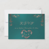 Ornate Frame & Heart - Teal/Rose Gold RSVP Karte (Vorderseite)