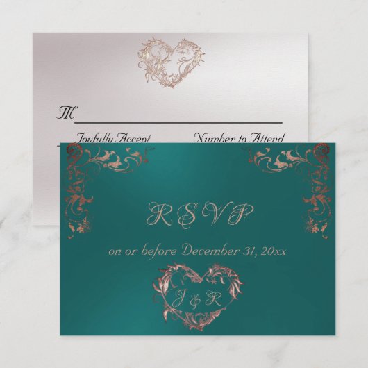 Ornate Frame & Heart - Teal/Rose Gold RSVP Karte (Vorne/Hinten)