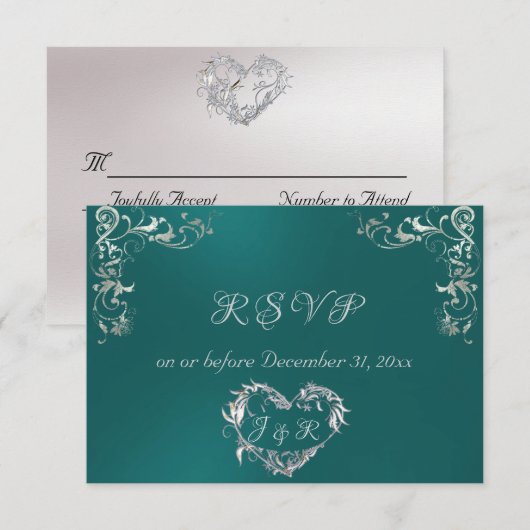 Ornate Frame & Heart - Teal/Silver RSVP Karte (Vorne/Hinten)