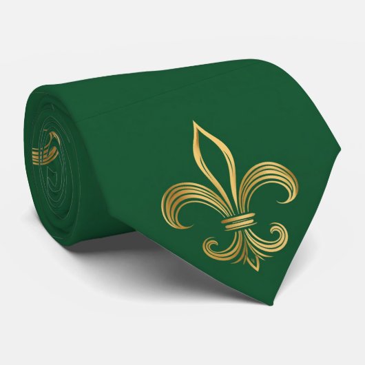 Ornate Gold Fleur-de-lis Mardi Gras Green Carnival Krawatte (Gerollt)