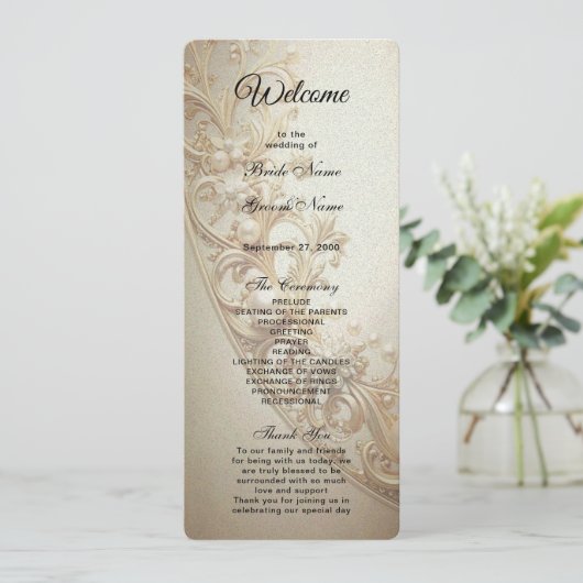 Ornate Gold Flourish Wedding Programm (Stehend Vorderseite)