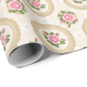 Ornate Gold Frame and Pink Roses Geschenkpapier (Rolleneckpunkt)
