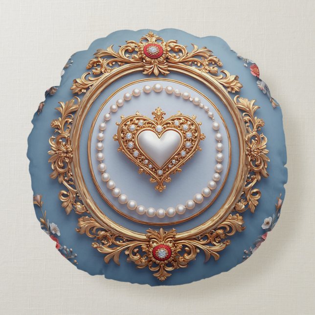 Ornate Gold Frame With Heart Gem Rundes Kissen (Vorderseite)