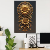 Ornate Gold Frame With Large Metallic Flower Medal Poster (Heimbüro)