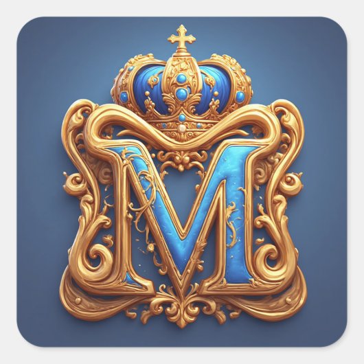 Ornate Gold Letter M With Crown Frame Design Quadratischer Aufkleber (Vorderseite)
