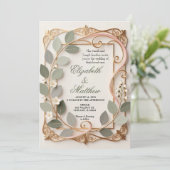 Ornate Gold Scrollwork Pink Botanical Wedding Einladung (Stehend Vorderseite)